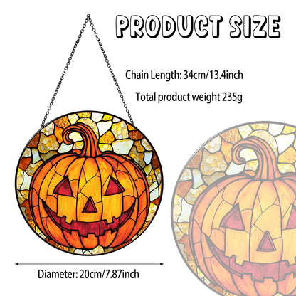 RVEAFA Pumpkin Stained Glass Window Hanging Horror Sun Catcher Decor Halloween Suncatchers for Garden Home Windows Hanging Decoration, 7.87inch