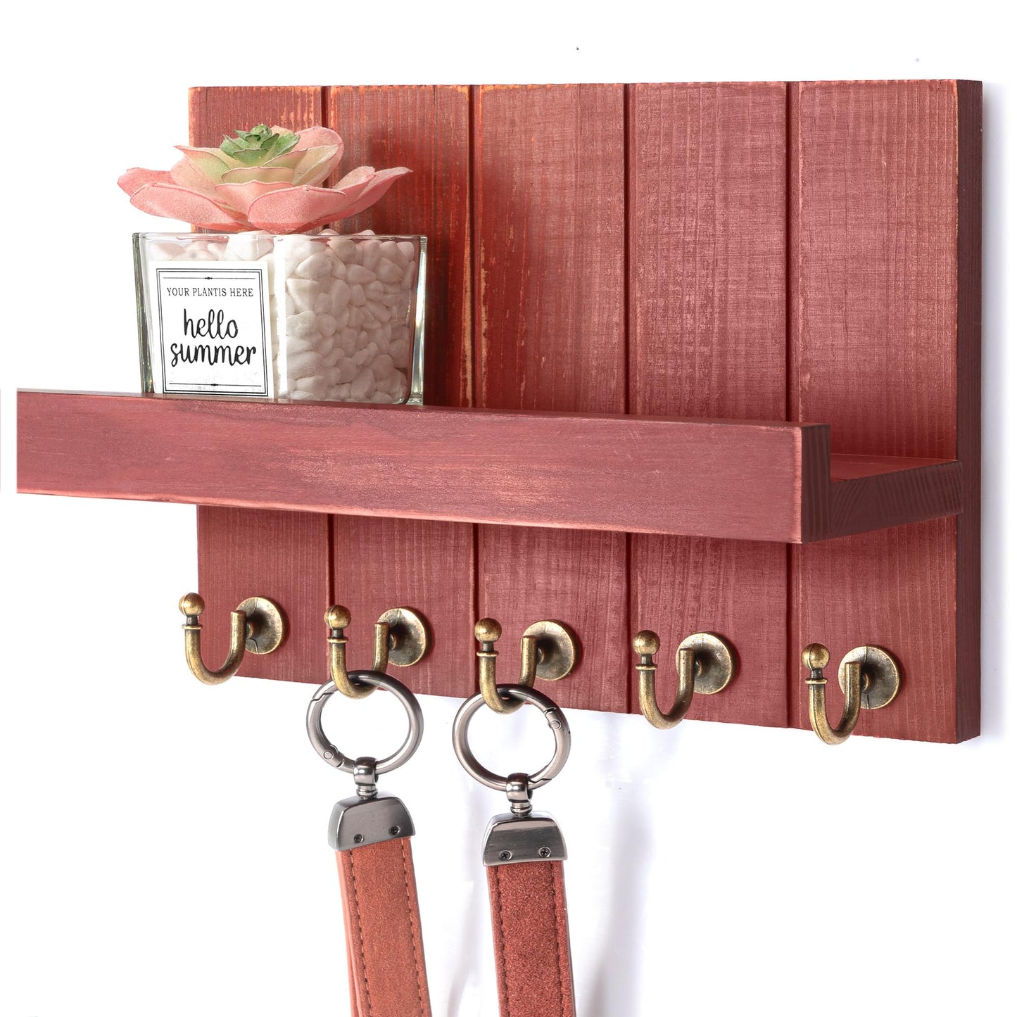 Rebee Vision Pine Wood Key Holder Wall Mount – Rustic Key Holder for Wall with Shelf for Mail & Apartment Essentials – Perfect for Farmhouse Decor (Red,3.54" D x 10" W x 7.28" H)