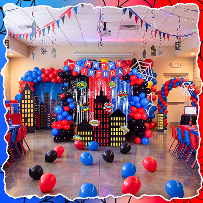 Sliner 47 Pcs Spider Web Birthday Decorations, Tinsel Foil Fringe Curtains Balloons Skyscraper City Boxes set, Spider Party Supplies Red Black Blue Photo Booth Prop Backdrop Streamer, Backdrop Decor