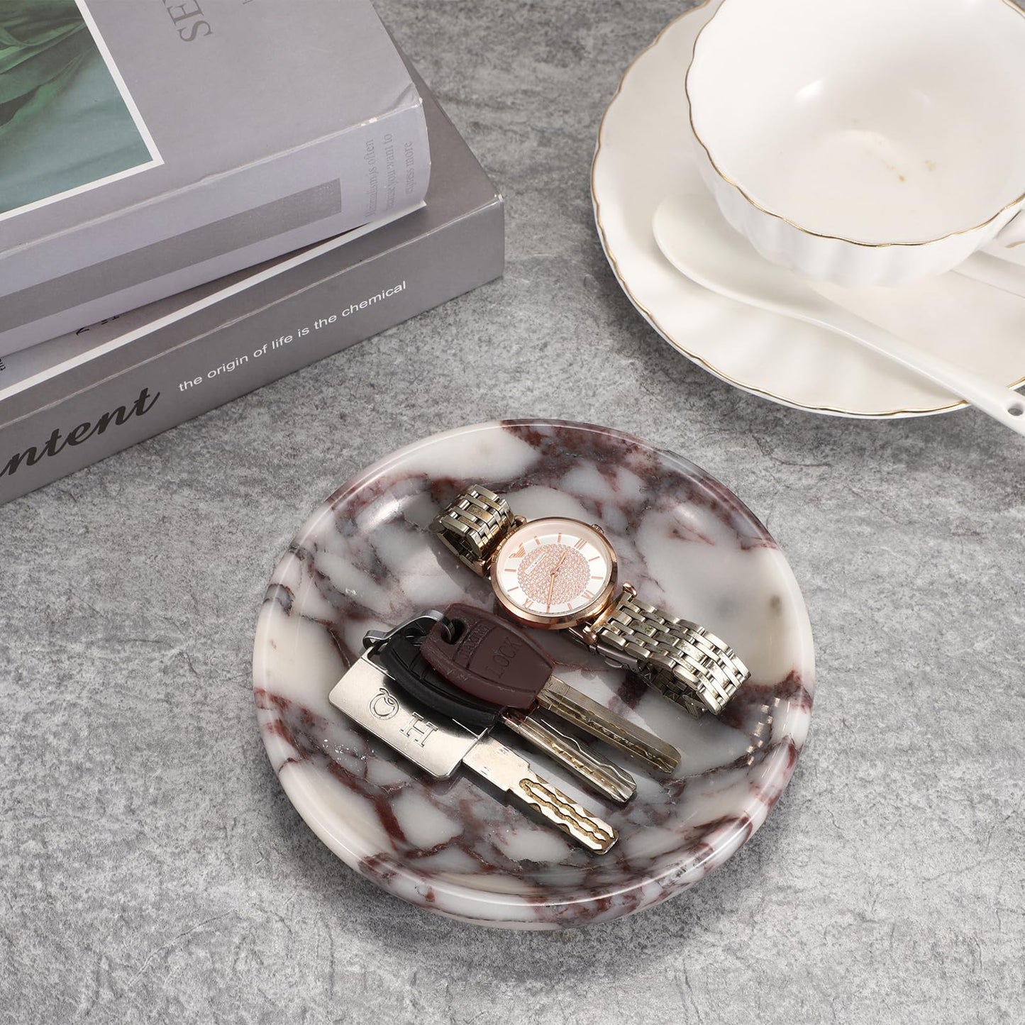 GUSHBIN Small Round Key Bowl for Entryway Table - 5.5" Natural Marble Jewelry Dish Tray Decorative Key Plate Holder Catch All Bowl for Earring Necklace Ring Holder for Bathroom