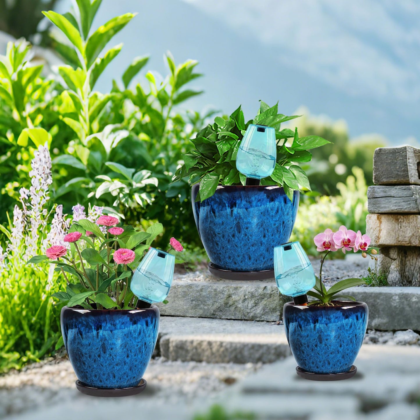 Xoogifae Ceramic Pots for Plant with Self Watering Globes, 6 inch Planters for Indoor Plants with Saucer, Glaze Flower Pots Outdoor with Drainage Holes, Decorative Garden Pots