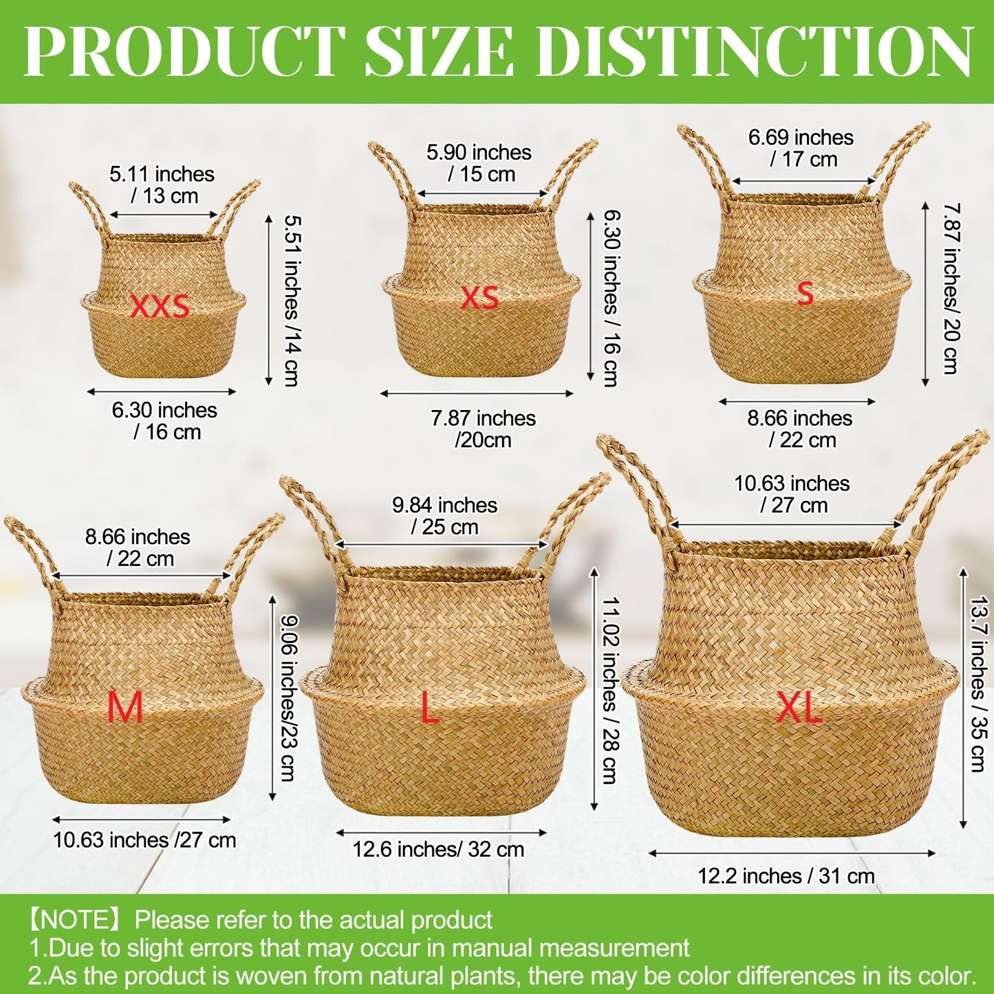 Qunclay 4 Pcs Woven Seagrass Baskets Belly Basket Folding Boho Natural Plant Pot with Handles Round Decorative Wicker Large Indoor Planter for Home Outdoor Tree Planters Decor (S,8.7''dx7.9''h)