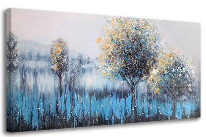 Arjun Tree Wall Art Canvas for Living Room Blue Tree of Life Nature Teal Abstract Textured Painting Picture Modern Panoramic Landscape Artwork Framed Bedroom Home Office Decor, Large Size 40"x20"