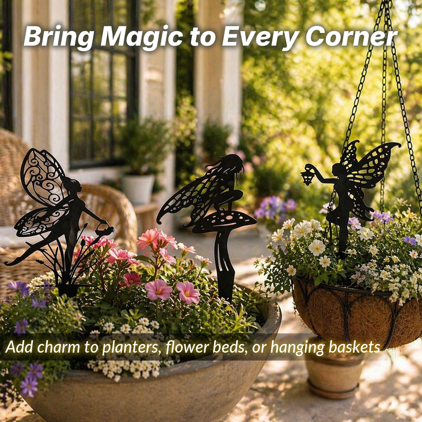 BZHABAOYE Fairy Garden Stakes, Metal Decorative Garden Stakes, Black Fairy Silhouette Yard Art for Flower Bed, Lawn, Planter, Outdoor Garden Decor（Black Set of 3）