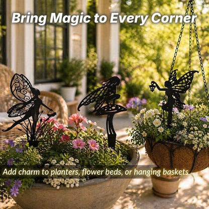 BZHABAOYE Fairy Garden Stakes, Metal Decorative Garden Stakes, Black Fairy Silhouette Yard Art for Flower Bed, Lawn, Planter, Outdoor Garden Decor（Black Set of 3）