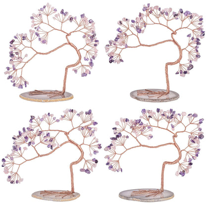 mookaitedecor Natural Amethyst & Rose Quartz Crystal Tree with Agate Slice Base, Feng Shui Money Tree Bonsai Sculpture for Home Office Altar Table Decoration 7-8 Inch