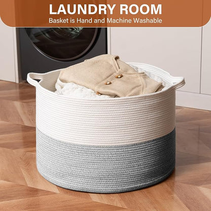 Foldable Laundry Hamper Basket with Collapsible Handle Cotton Rope Soft Woven Fabric Storage Organizer Clothes Toys Nursery Bedroom Dorm Space Saving Bin (White & Light Grey, 65L(19.7"D x 12.6"H))