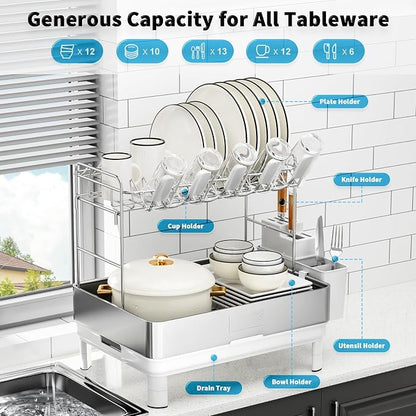 Ewaiira Dish Drying Rack, 2 Tier Large Dish Rack, Stainless Steel Dish Drainer for Kitchen Counter, Dishes Rack with Automatic Drainage, Utensil Holder&Cups Holder,Space Saving Kitchen Organizer,White