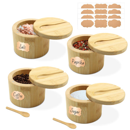 YITOBA 4 Pcs Bamboo Salt Containers for Countertop, Salt and Pepper Bowls with Magnetic Swivel Lid & Spoon, Salt Shakers for Kitchen, Spices Storage Jars, Sugar Holder (4 Pack)