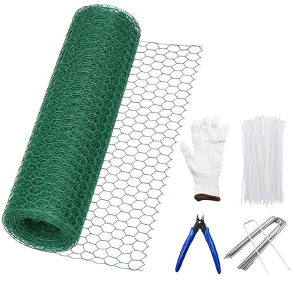 Chicken Wire Mesh,16.4 Ft x 15.4In Plant Protectors from Animals,Coated Green Chicken Wire Mesh,Stakes,Pliers,Gloves,Outdoor Anti-Rust Garden Animal Barrier Fence for Chicken Coop Barrier Rabbit Cage