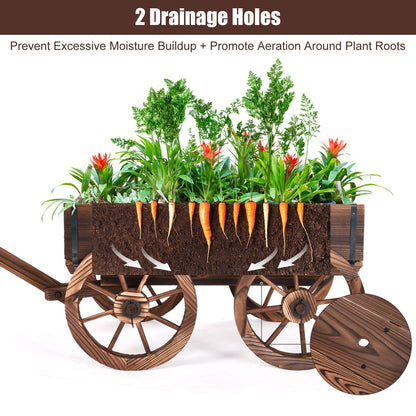 COSTWAY Wood Wagon Flower Planter Pot Stand with Wheels for Home, Garden, Indoor, Outdoor, Decor