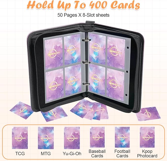 Card Binder 4 Pocket, 400 Pockets Card Holder Compatible with Game Cards Gift for Girls, Trading Card Binder Album Case Book Storage For Photocards, Small,Marble Purple