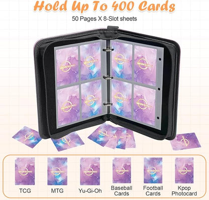 Card Binder 4 Pocket, 400 Pockets Card Holder Compatible with Game Cards Gift for Girls, Trading Card Binder Album Case Book Storage For Photocards, Small,Marble Purple