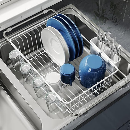 JASIWAY White Dish Drying Rack in Sink, Expandable Stainless Steel Dish Drainers for Kitchen Counter, Dish Dryer Rack for Inside Sink, Over The Sink Dish Racks with Utensil Holder