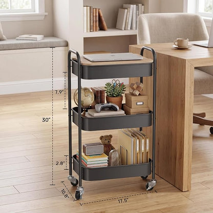 DTK 3 Tier Rolling Cart with Wheels, Heavy Duty Metal Utility Cart, Mobile Storage Organizer with Lockable Casters, Multi-Purpose Rolling Cart for Nursery, Bathroom, Kitchen, Office, Classroom