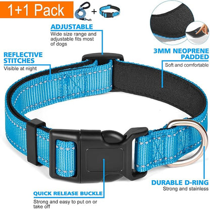 Ladoogo Reflective Dog Collar Padded with Soft Neoprene Breathable Adjustable Nylon Dog Collars for Small Medium Large Dogs (X-Small (Pack of 1), Vivid Blue Collar+Leash)