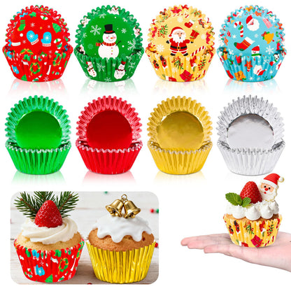 Whaline 400Pcs Christmas Cupcake Liners Xmas Snowflake Snowman Santa Foil Paper Baking Cups Standard Muffin Cupcake Wrappers for Winter Holiday Party Cake Candy Chocolate Making Supplies Table Decor