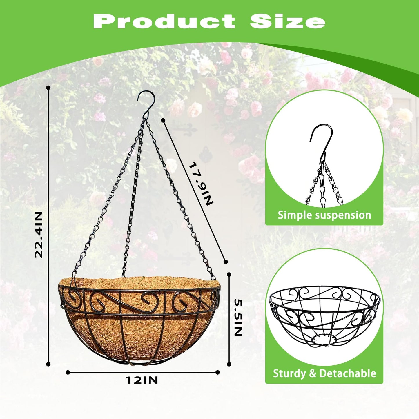 ZVOWOS 2 Pack 12 Inch Black Metal Hanging Basket Hanging Planter with Coco Coir Liner Heavy Duty Hanging Flower Pot Holder for Indoor Outdoor Patio Garden Porch Balcony Decor (Lace)