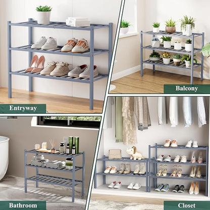 Smiry Small Bamboo Shoe Rack, 5 Tier Free Standing Wooden Shoe Organizer, Stackable Wood Shoe Storage Shelf for Closet, Entryway, 12 Vertical Slats, 2+2+1 Stack Standard Legs, 17.3"x11"x32.5", Grey