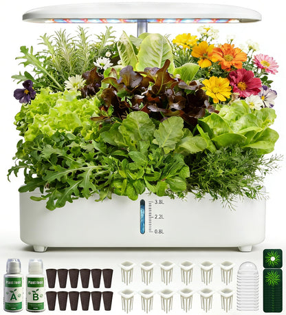 Hydroponics Growing System Kit, Soil-Free Indoor Herbs Garden, 12 Pods Plant Growth Equipment with 24W Full Spectrum LED Grow Light, Smart Silent Cycle Water Pump, 3.8L Tank for Gardening