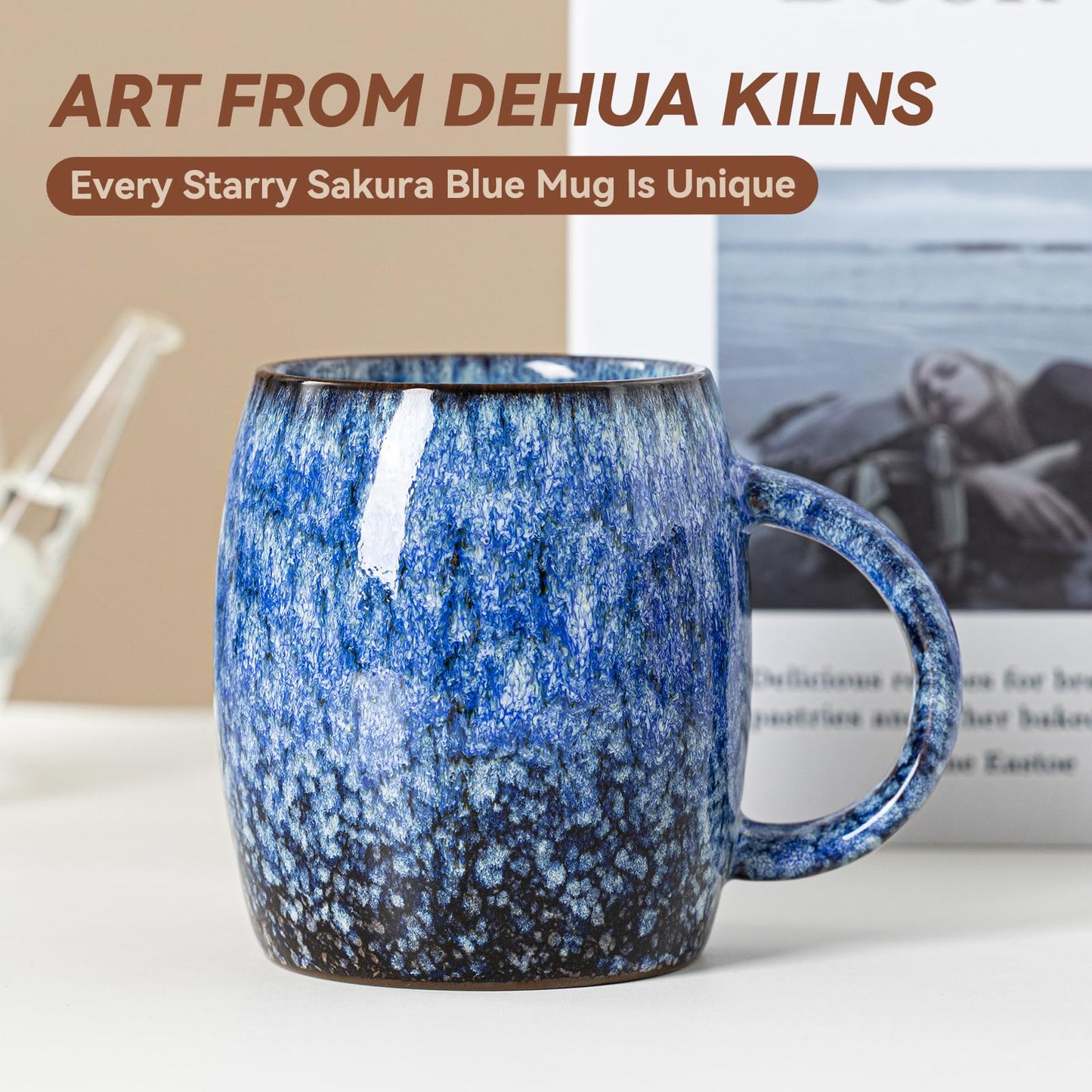Sakura Blue Reactive Glaze Ceramic Coffee Mug - 14 oz Unique Mug with Ergonomic Handle, Large Ceramic Mug for Coffee, Tea, Milk - Great Birthday Gift for Women, Men, Friends, Home & Office Use