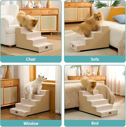 COZY KISS Dog Stairs for Small Dogs 15.7" H, 4-Step Gentle Incline Pet Step for Couch Sofa, Non-Slip Right-Angle Dog Ramp for Puppy Doggie Senior Cats, 15.7x23.6x15.7 Inch, Beige
