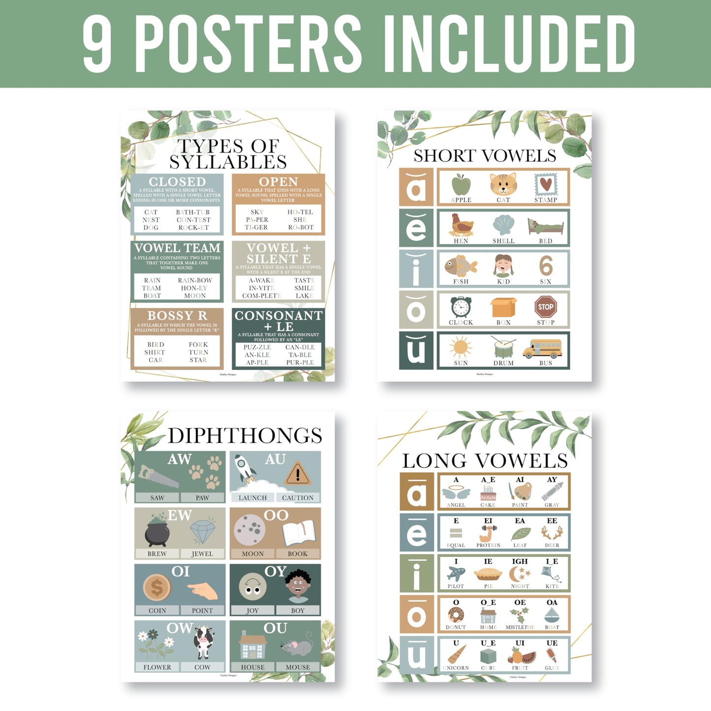 Hadley Designs Phonics Posters for Classroom Must Haves - 9 Sound Wall for Kindergarten & Elementary Teacher Supplies, Syllable, Vowels, Digraphs & Blends Bulletin Board Set, Greenery Classrom Decor