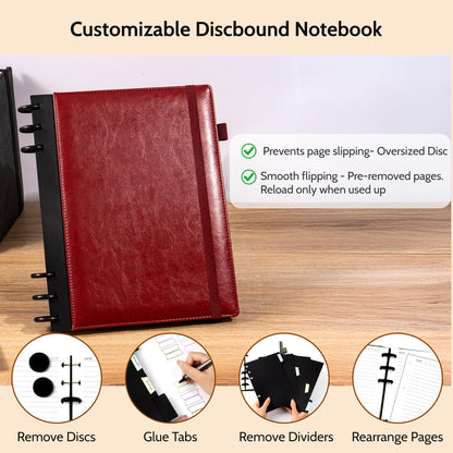 Yoment Refillable Notebooks for Work Discbound: Hardcover Notebook with 5 Subject Removable Dividers Tabs Colleged Ruled Large Journal for Writing Women Men 240 Pages,Dark Red