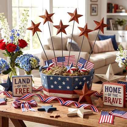 Pickmesh 6 Pcs 12" H Rusty 4th of July Outdoor Decor Patriotic Yard Decor Metal Yard Sign Antique Primitives Star Garden Stake 250th Anniversary Rustic American Sign for Outdoor Independence Day