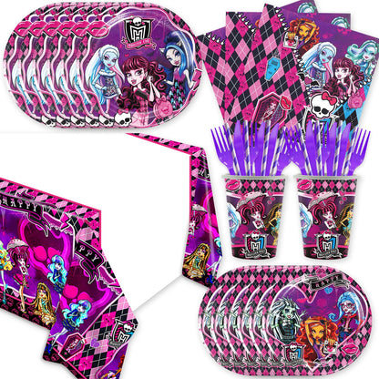 141Pcs Monster Academy Party Supplies Gothic Paper Plates (9"+7"), Cups, Napkins, Forks, Knives, Straws, 1 Tablecloth Decorations with Skull, Bat Print for Birthday, Horror Movie Night Halloween