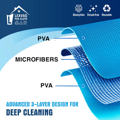 Leavaq PVA Microfiber Cleaning Cloth 3-Pack — Streak-Free Shammy Towel, Super Absorbent Chamois Cloth for Kitchen, Glass, Mirror, Bathroom | No Chemicals Needed | Reusable 12"x12"