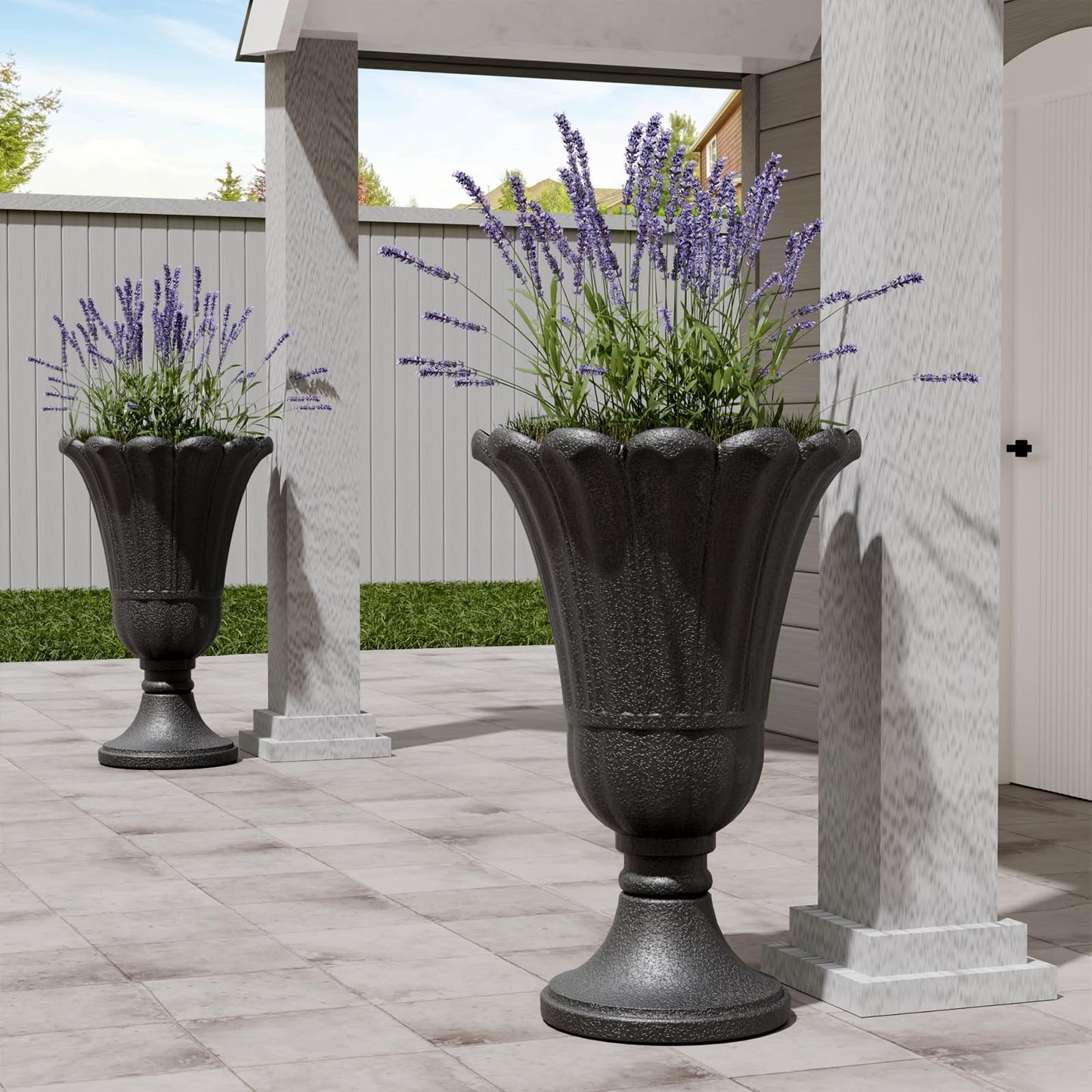 FONTOI 23" Tall Plastic Urn Planter (2-Pack) – Planters for Outdoor Plants with Drainage Holes & Petal Design, Heavy-Duty Classic Indoor Large Flower Pots for Home Garden, Front Porch & Decor, Black