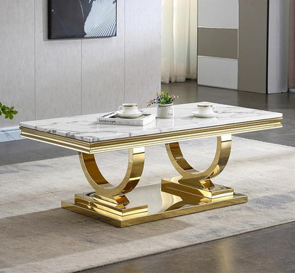 3 Piece Living Room Table Set Include 1 Faux Marble Coffee Table & 1 End Table & 1 Console Table, Modern White Gold Coffee Table Set of 3 with Double O Shape Stainless Steel Pedestal Base