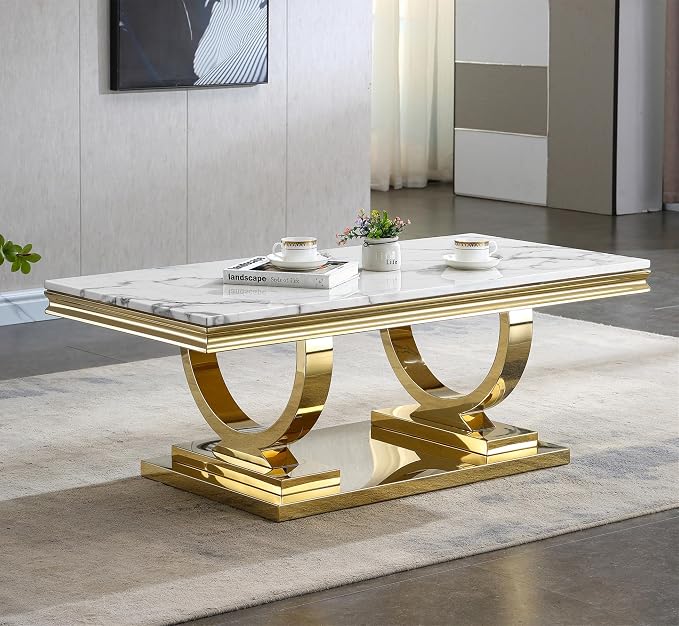 2 Piece Living Room Table Set Include 1 Faux Marble Coffee Table & 1 Console Table, Modern White Gold Coffee Table Set of 2 with Double O Shape Stainless Steel Pedestal Base