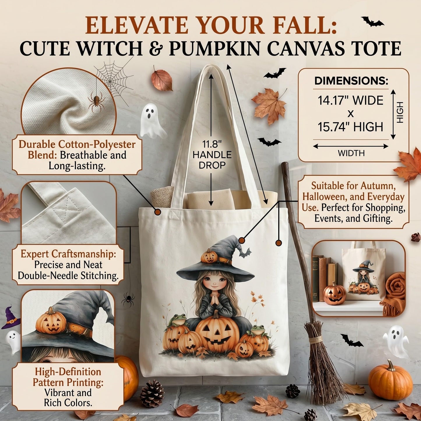 Fall Halloween Tote Bags 2Pcs, Cotton Blend Canvas Tote with Pumpkin Ghost Witch Prints, Reusable Shoulder Bags for Thanksgiving Party Trick or Treat Gift (witch&pumpkin)
