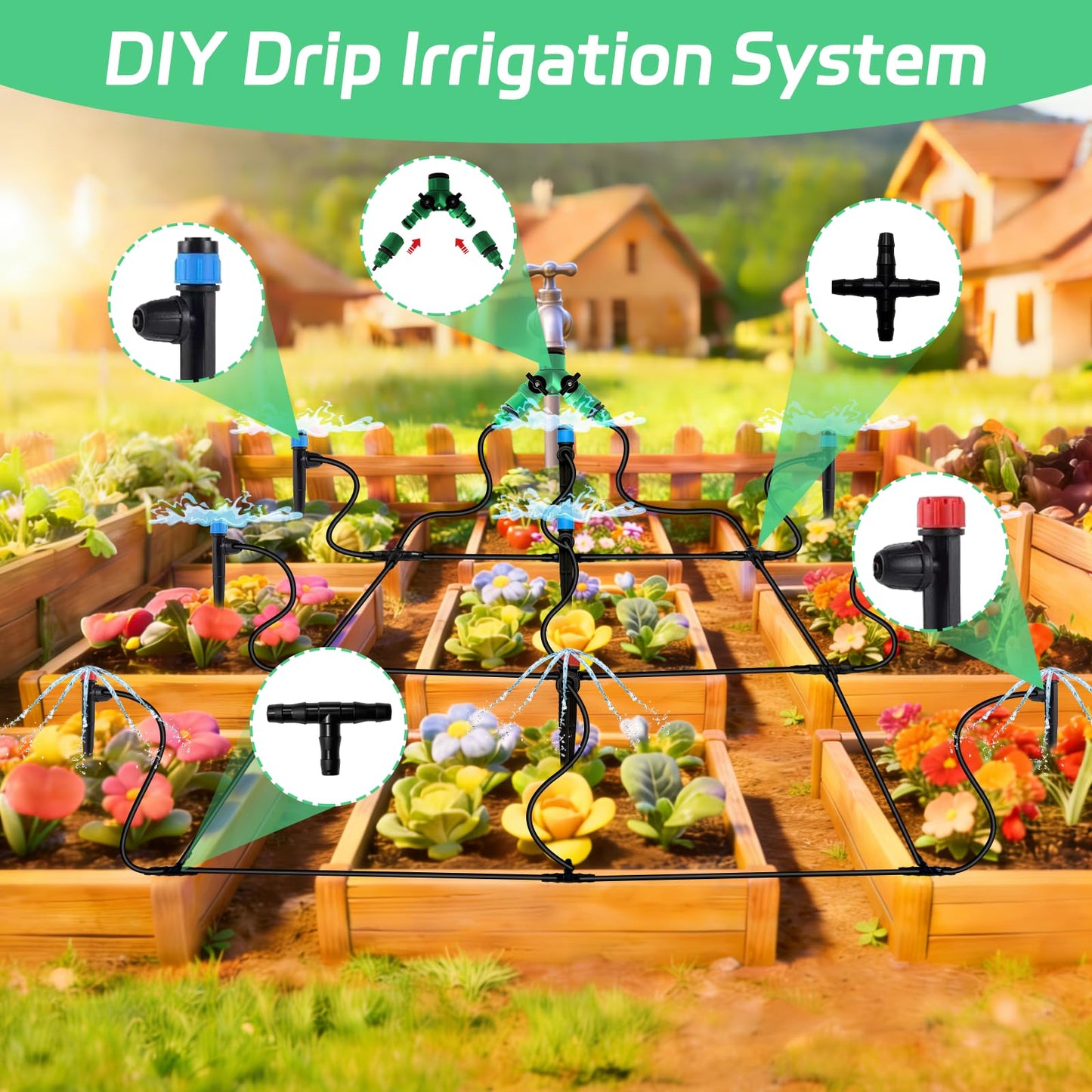 IKKAB Automatic Drip Irrigation System for Garden, 65ft Garden Watering System with 1/4" Tubing & Sprinklers, Drip Irrigation Kit for Outdoor Plants, Raised Beds, Greenhouse,Patio