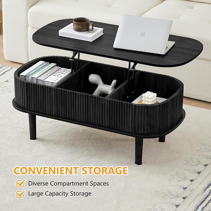 Fully Assembled Fluted Lift Top Coffee Table with Hidden Compartment, Wooden Center Table, Modern Oval Lift Tabletop for Home Living Room Office, Black