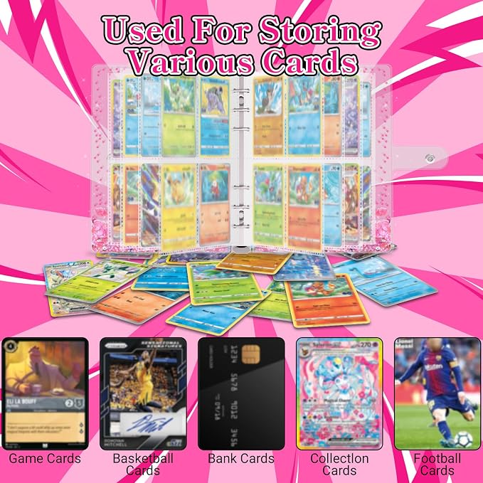 Transparent Pink Card Binder for Pokemon, Cute Card Binder for Game Cards Trading Cards, Small Card Booklet for 3~10 Year Girls Gifts, Stocking Stuffers (Holds 200 Cards)