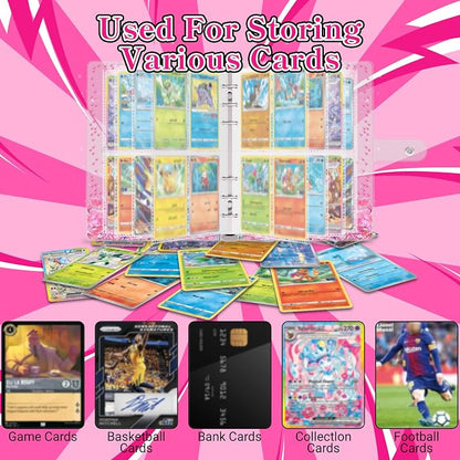 Transparent Pink Card Binder for Pokemon, Cute Card Binder for Game Cards Trading Cards, Small Card Booklet for 3~10 Year Girls Gifts, Stocking Stuffers (Holds 200 Cards)