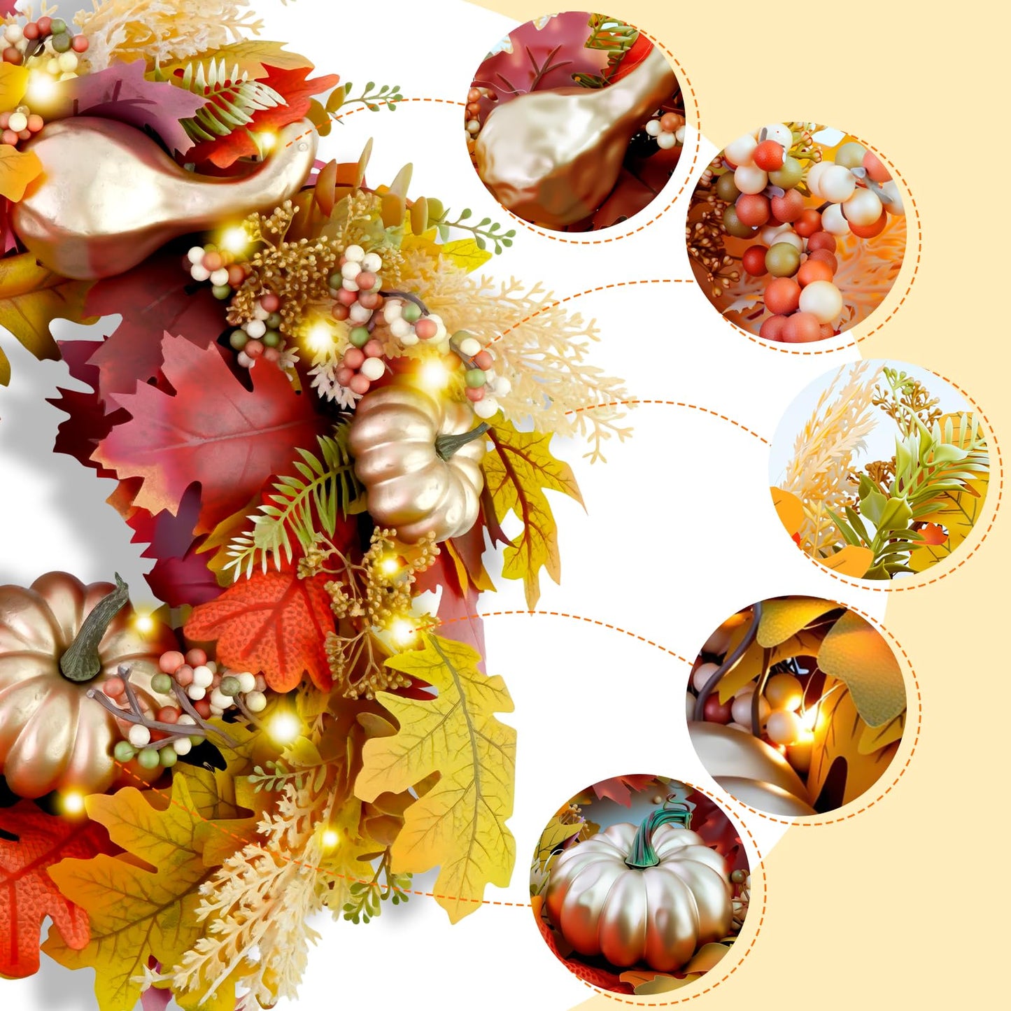 Fall Wreaths for Front Door,Sunflower Autumn Wreath with Lights,Pumpkins and Bows,for Thanksgiving Halloween Farmhouse Indoor Outdoor Outside (Golden Pumpkin)
