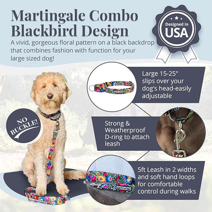 Lucky Love Dog Martingale Dog Collar & Leash - Adjustable, No-Slip, Durable, Comfortable, Soft Webbing, & Stylish Patterned Collar & Leash Set for Male and Female Dogs - Blackbird Combo, Large