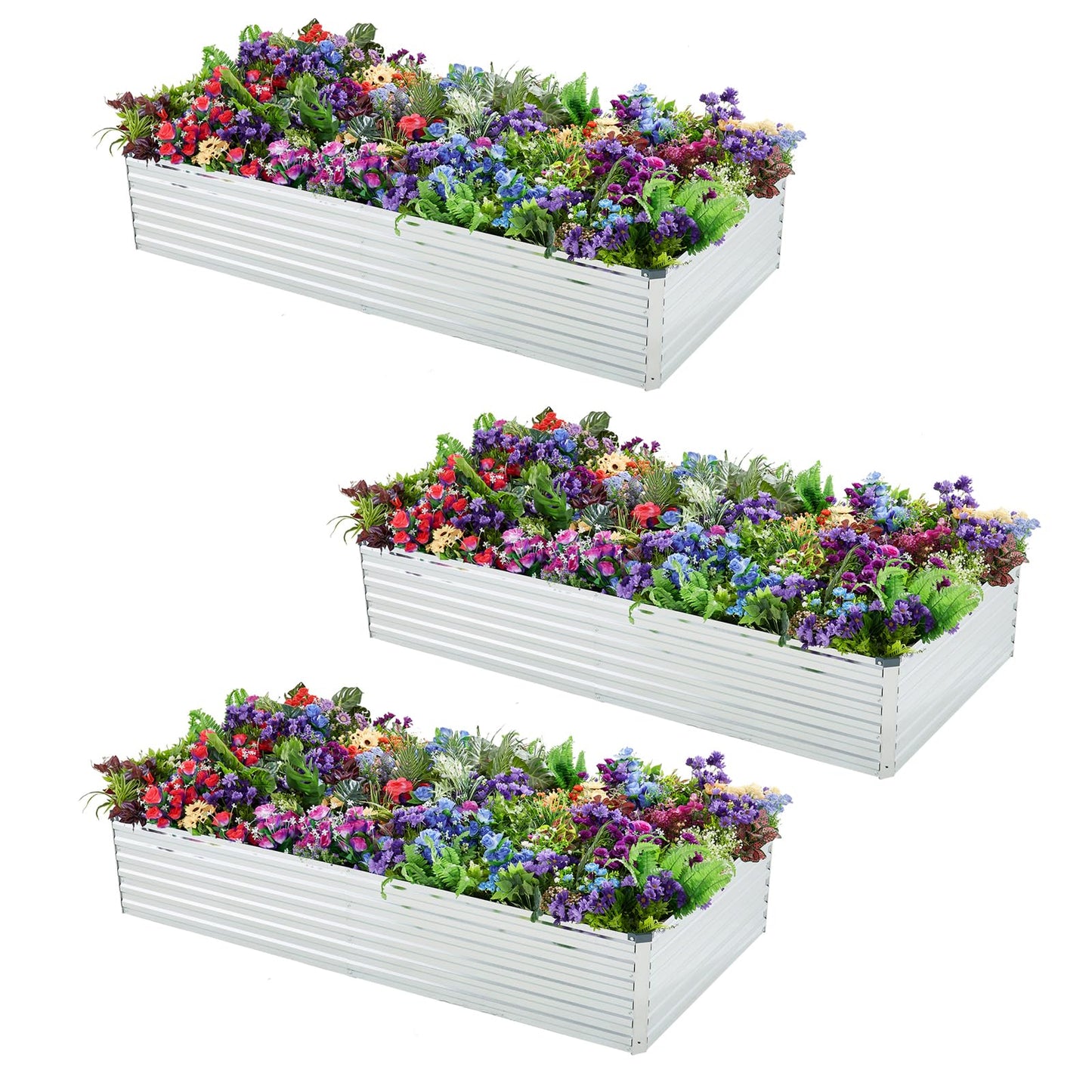 Meberam 3 Pack 6x3x1FT Galvanized Raised Garden Beds Kit Outdoor Metal Gardening Planter Box for Vegetable Elevated Flower Herbs,Silver