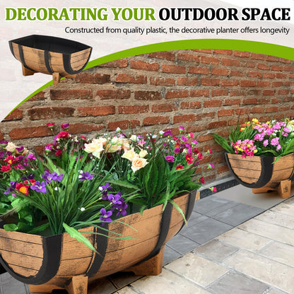Set of 4 Whiskey Barrel Planters Half Barrel Planter with Removable Drain Screen Plant Flower Pot Weather Resistant Plastic Wine Planter Containers for Indoor Outdoor Garden, 16.14 x 11.8 x 7.28 Inch