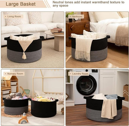 OIAHOMY 90L XXXLarge Blanket Basket for Living Room, 21.7" x 13.8" Woven Cotton Rope Laundry Basket for Organizing Pillows, Decorative Stuffed Animal Toy Storage for Nursery, Black and Grey