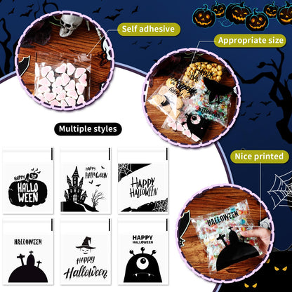 Gersoniel 300 Pcs Halloween Cookie Treat Bags 5.9 x 5.9 Inch Happy Halloween Self-adhesive Cellophane Candy Goodie Bags for Party Favors DIY Supplies