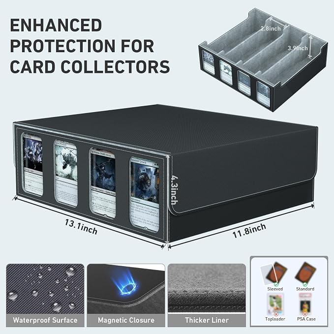 4-Row Trading Card Storage Box, Bulk Cards Case for 3200+ Mtg tcg Magic Playing Game Card Organizer, Commander Deck Box with 4 Supports & 24 Dividers & Strap