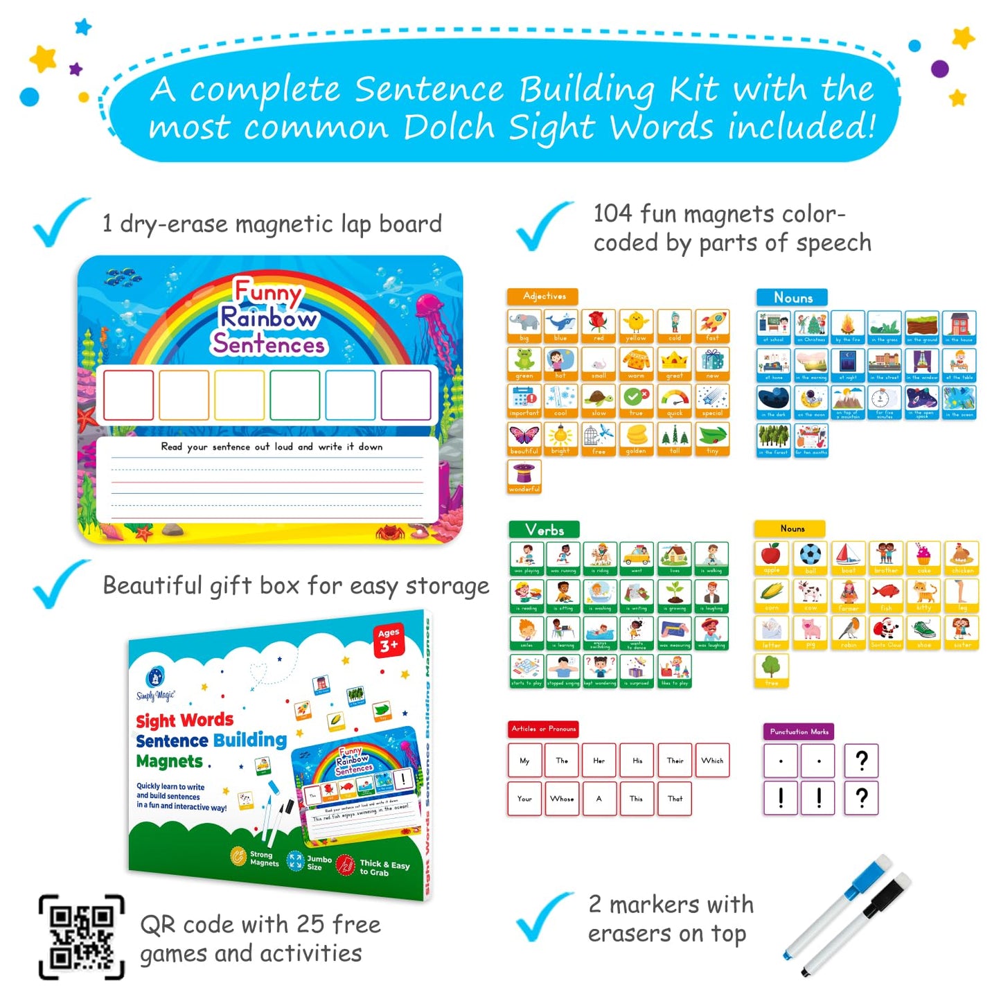 Simply Magic 1047 PCS Poetry Magnets for Kids & 104 PCS Sentence Building for Kids