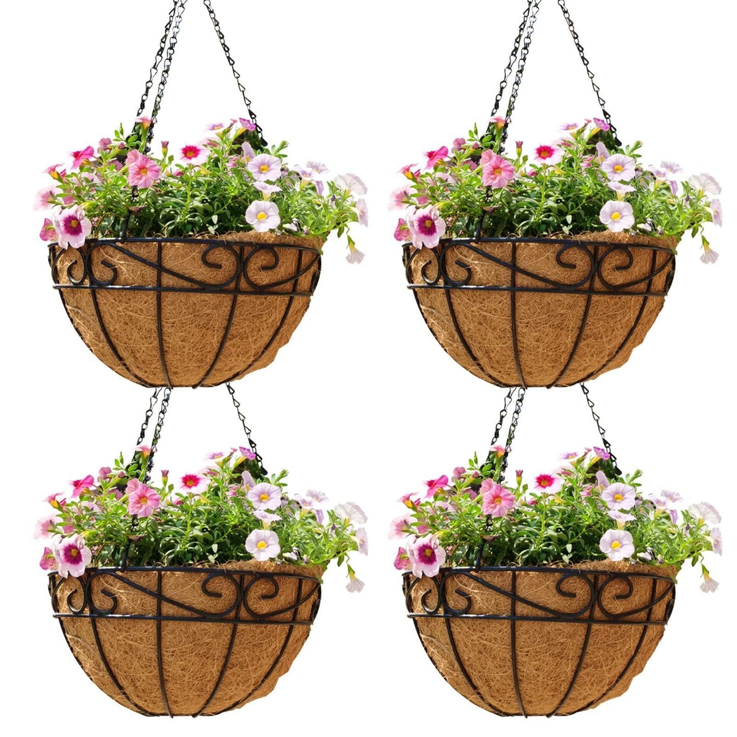 EIMQUVW Outdoor Metal Hanging Planters Basket (4pack, 12 inch) Hanging Baskets for Plants Chain Round Wire Plant Holder with Coco Fiber Liners for Garden, Patio, Deck, Porch(Flower Border)