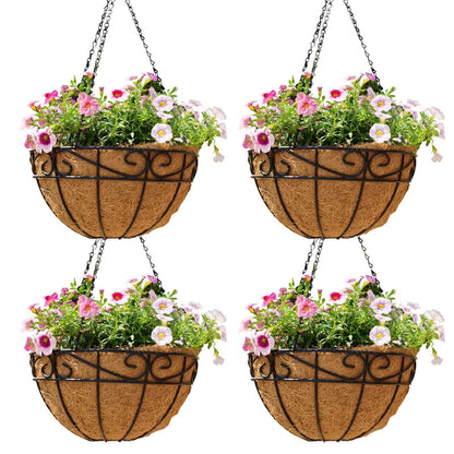 EIMQUVW Outdoor Metal Hanging Planters Basket (4pack, 12 inch) Hanging Baskets for Plants Chain Round Wire Plant Holder with Coco Fiber Liners for Garden, Patio, Deck, Porch(Flower Border)