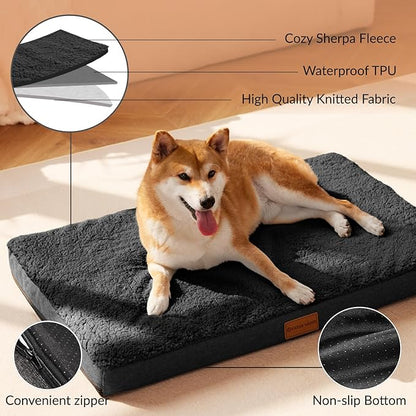 Patas Lague Orthopedic XL Dog Bed Large Sized Dog 42''X28'', Soft Waterproof Egg Crate Foam Large Pet Crate Beds Mat with Removable Washable Cover and Non-Slip Bottom, Black